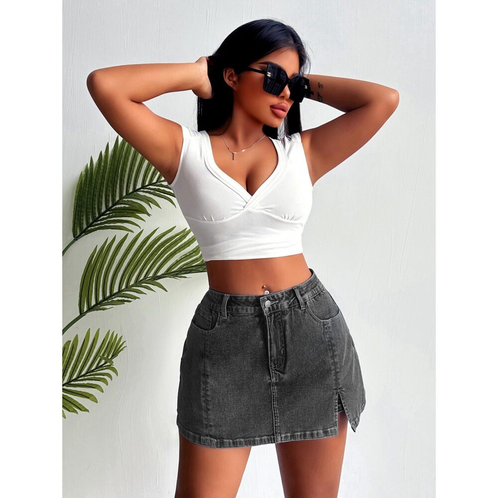 3029 Skorts Skirts Denim Mini Skirt Side Slit with High Waisted Jean Shorts - Picture 4 of 5